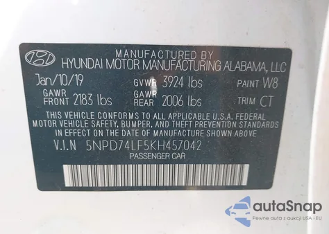 2019 Hyundai Elantra Se z USA, uszkodzony, nr VIN 5NPD74LF5KH457042